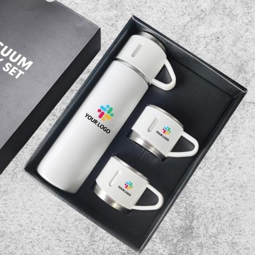 Customised 3 Mugs Vacuum Flask Set White - Promotional Wears