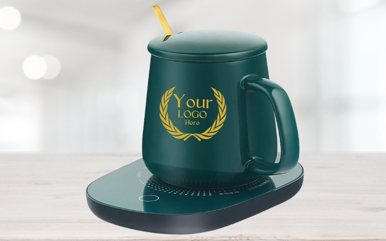 smart coffee mug with warmer in green color personalised with company logo