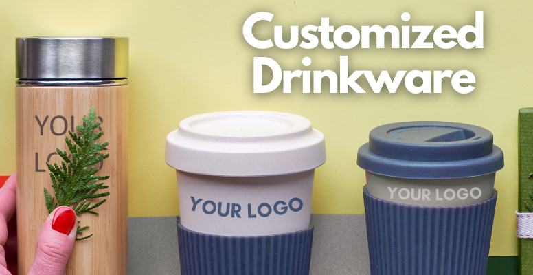 logo printed custom drink ware includes bottle flask and coffee mugs