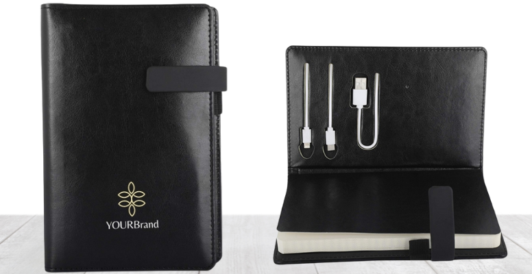 black colour notebook with power bank
