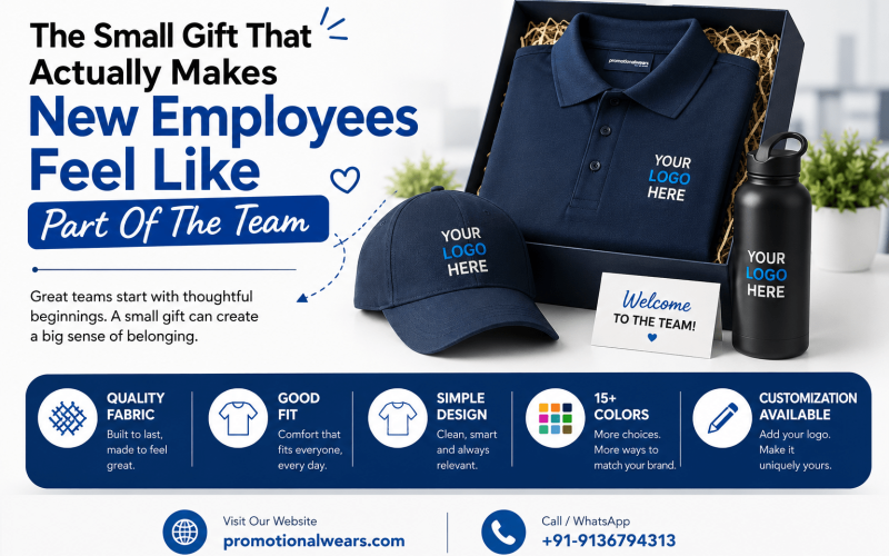 Custom branded t-shirts for employee onboarding gifts. Make new employeesfeel welcomed. Logo printing & embroidery. No minimum order!